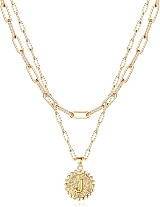 Yoosteel Gold Initial Necklaces for Women, 14K Gold Plated Dainty Layering Paperclip Link Chain Necklace Coin Initial Layered Necklaces for Women Personalized Birthday Gifts