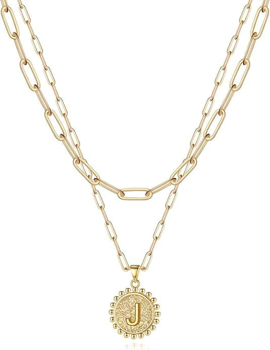 Yoosteel Gold Initial Necklaces for Women, 14K Gold Plated Dainty Layering Paperclip Link Chain Necklace Coin Initial Layered Necklaces for Women Personalized Birthday Gifts