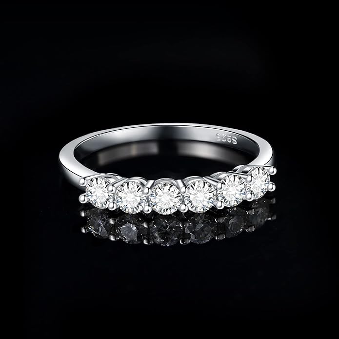 JewelryPalace 6 Stone Cubic Zirconia Half Eternity Stackable Wedding Rings for Women, 14K White Yellow Rose Gold Plated 925 Sterling Silver Promise Rings for Her, Simulated Diamond Wedding Band Ring
