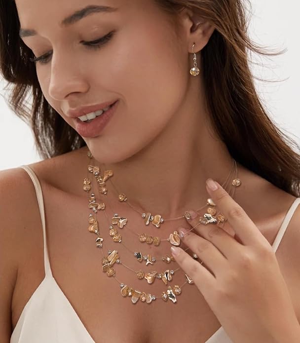 Multi-Layer Boho Shell Beaded Necklace for Women Colorful Crystal Strand with Silver Beads Statement Collars Necklace and Earrings Costumes Jewelry Sets for Women