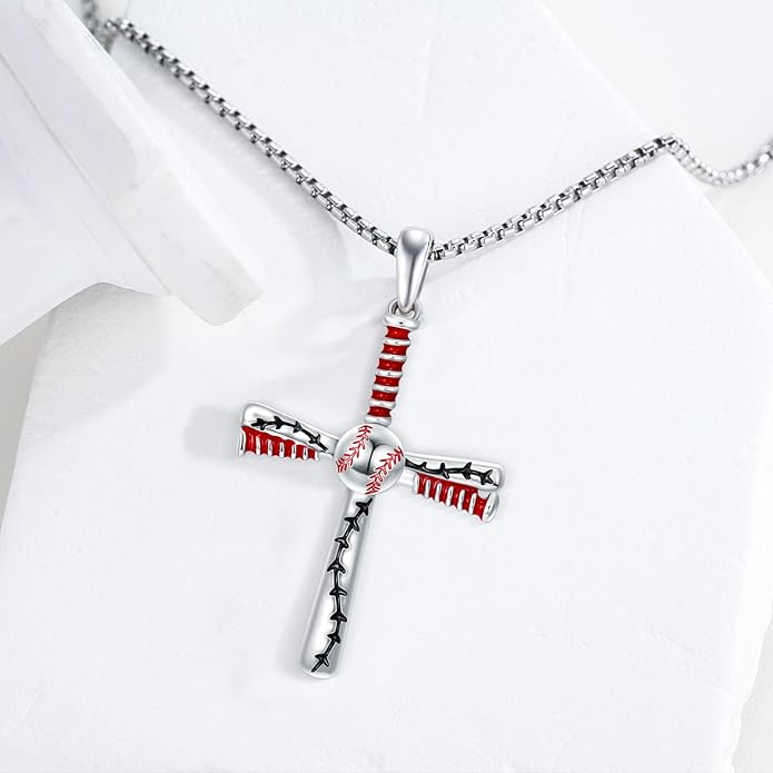 Taioiat Baseball Necklace for Men 925 Sterling Silver Sports Necklace Baseball Cross Necklace Jewelry Gifts for Women Men