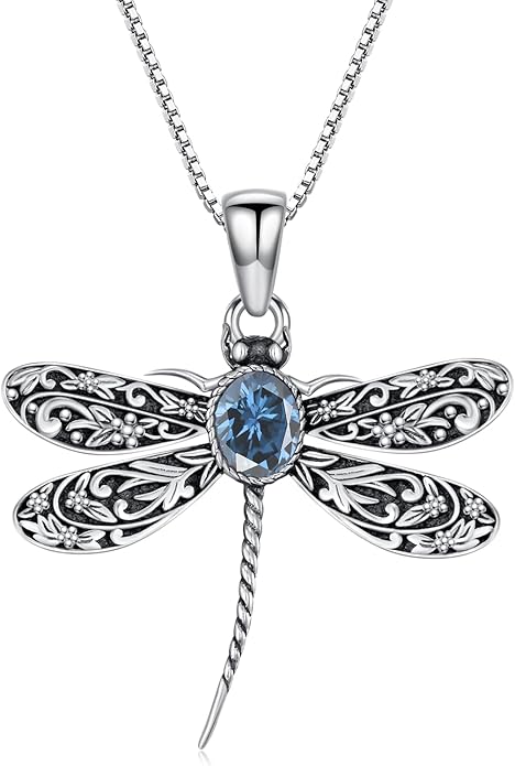 Vintage Dragonfly Necklace for Women 925 Sterling Silver, Oval Birthstone Dragonfly Pendant Boho Jewelry Birthday Gift for Her, Mom, Grandma