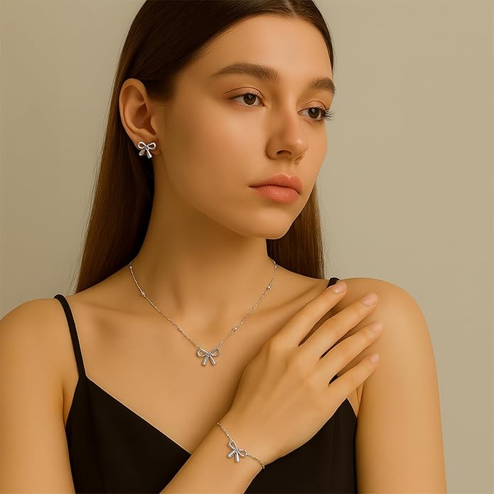 Bow Earrings Necklace Bracelet Set for Women Dainty Bowknot Jewelry Set Gold Pendant Necklace Ribbon Stud Earrings Cute Bow Accessories Elegant Gift for Her
