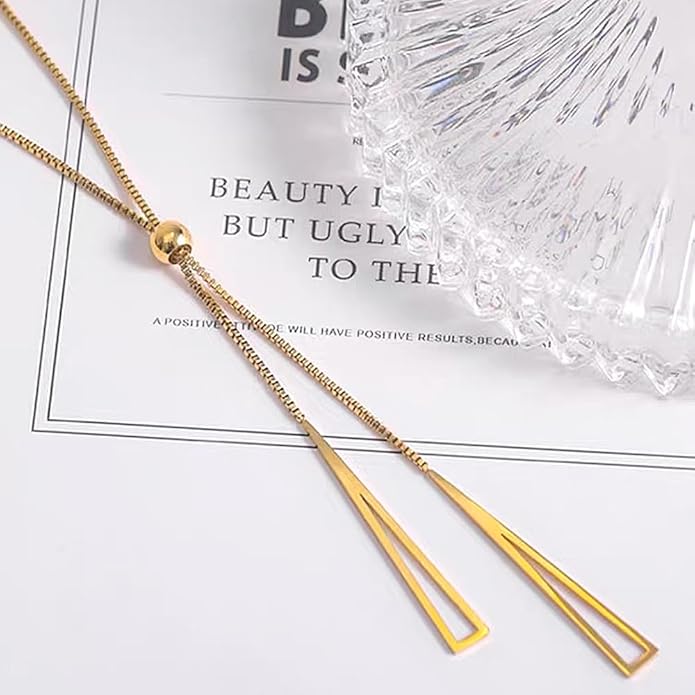 14K Gold Statement Y Necklace for Women,Dainty Double Triangle Pendant Necklace Long Link Chain Lariat Collar Necklace Minimalist Jewelry Gifts