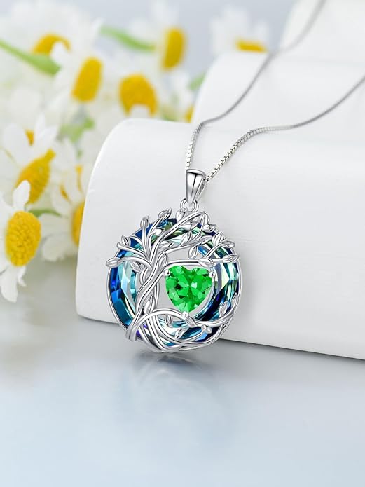 TOUPOP Christmas Gifts Tree of Life Birthstone Necklace 925 Sterling Silver Pendant Austrian Crystal Jewelry Anniversary Birthday Gifts for Women Mom Her Wife