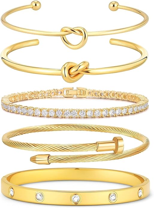 FAFUGA 18 K Gold Plated Love Bangle Bracelet Stack Cuff Jewelry for Women Jewelry Set for Women Gift with Box