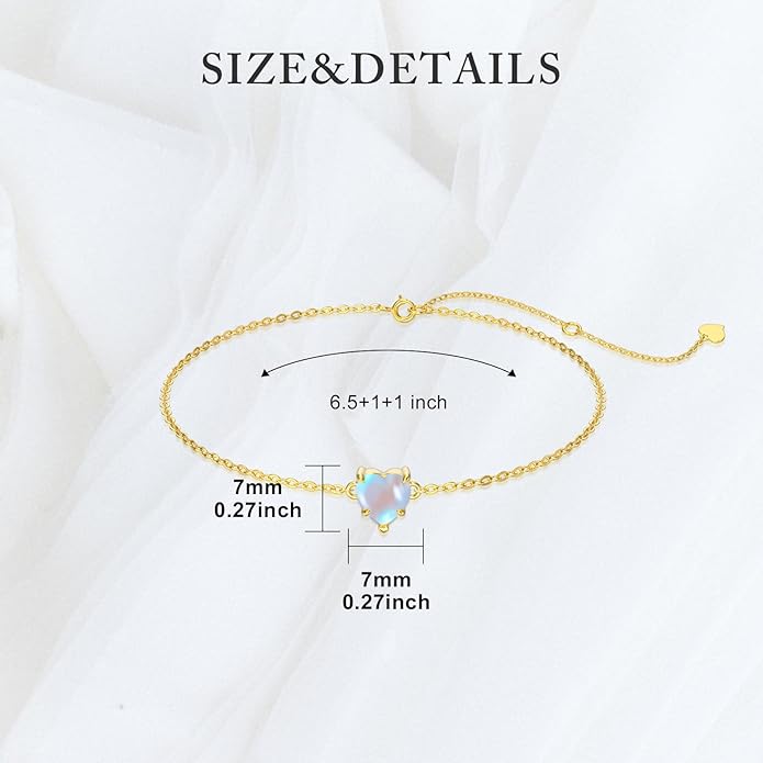 14k Gold Love Heart Gemstone Bracelet for Women,7MM Heart-cut Created Birthstone Anniversary Birthday Mother's Day Bracelets Jewelry for Mom Her 6.5''+2''