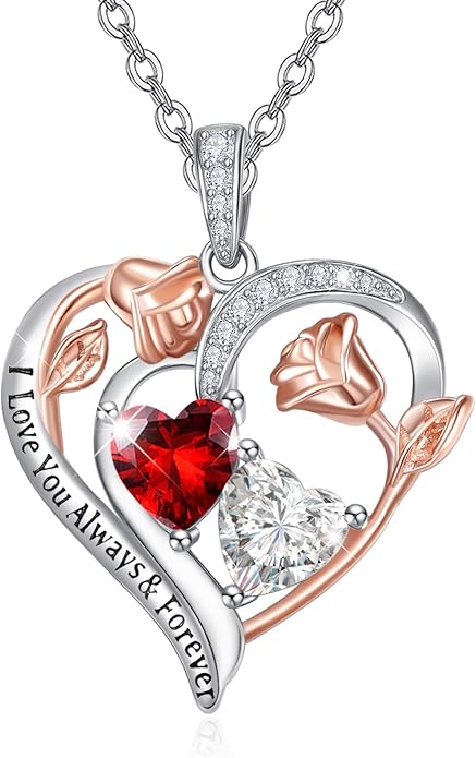 Zeuslia Double Birthstone Necklace Gifts for Wife - 925 Sterling Silver Sunflower/Rose/Crown Cross/Compass/Heart Pendant I Love You Necklace, Anniversary Birthday Gifts for Wife Girlfriend Mom Her