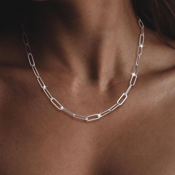 MBW Silver Paperclip Chain Necklace for Women,Dainty Sterling Silver Choker Necklaces for Women Trendy Simple Long Chunky Minimalist Waterproof Link Necklace Jewelry Gifts for Women 16/18/20 in