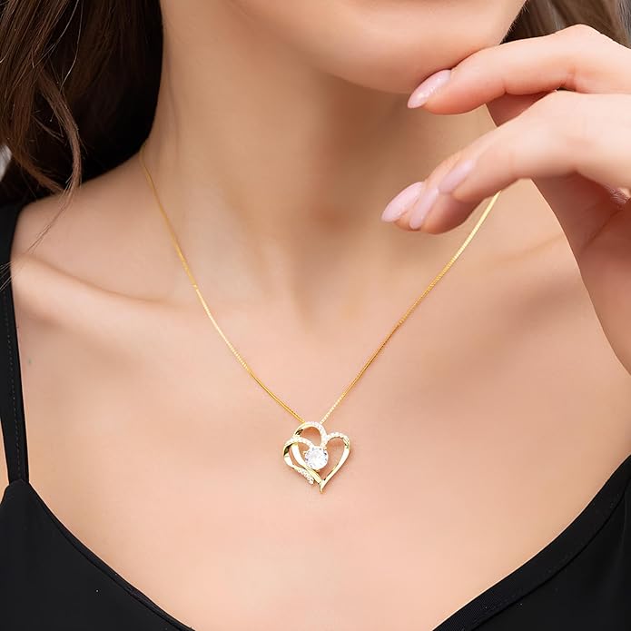 Double Heart Birthstone Necklace for Women - 925 Sterling Silver Adjustable Chain, 12-Month Cubic Zirconia Pendant, Gift for Wife/Girlfriend/Mom (Anniversary, Valentine's Day, Christmas)
