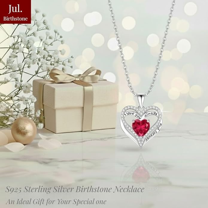 Birthstone Heart Necklace for Women Wife Girlfriend Mom Daughter Gifts S925 Silver Jewelry For Anniversary Rose Gold Gifts For Birthday Christmas Mothers Valentines Day