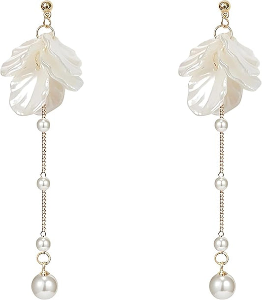 Seashell Pearl Flower Dangle Earrings for Women - Elegant Double Layer White Freshwater Pearl Bridal Jewelry, Lightweight Sparkly Golden Stud Drop Earrings for Wedding/Beach/Summer Party