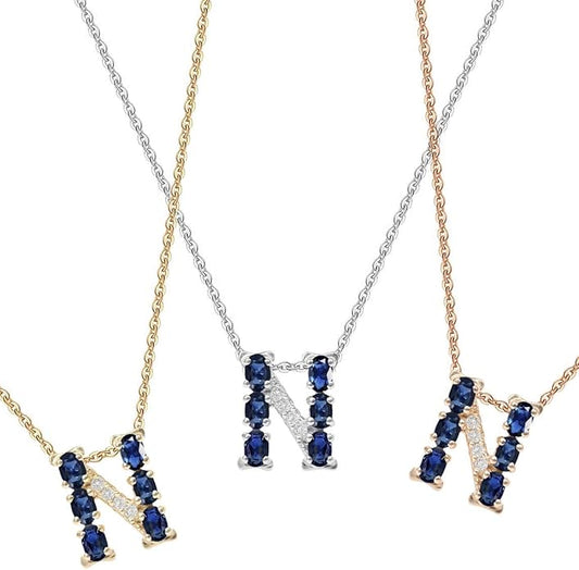 Albert Hern Blue Sapphire Initial Necklace With Diamonds & 18K Gold Chain | Irresistible Letter Pendants Jewelry | Perfect Valentine’s Day, Anniversary & Birthday Gift