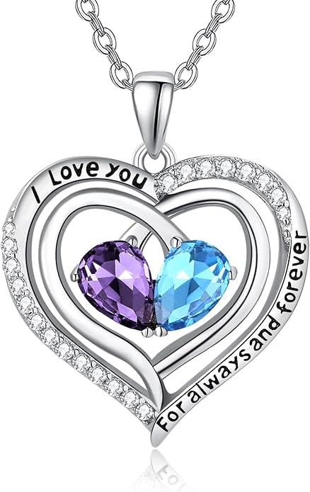 Zeuslia Double Birthstone Necklace Gifts for Wife - 925 Sterling Silver Sunflower/Rose/Crown Cross/Compass/Heart Pendant I Love You Necklace, Anniversary Birthday Gifts for Wife Girlfriend Mom Her
