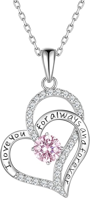 Heart Birthstone Silver Necklace for Women, S925 Sterling Silver Pendant Necklace Birthday Jewelry Gifts for Her Mother Mom Wife Girlfriend