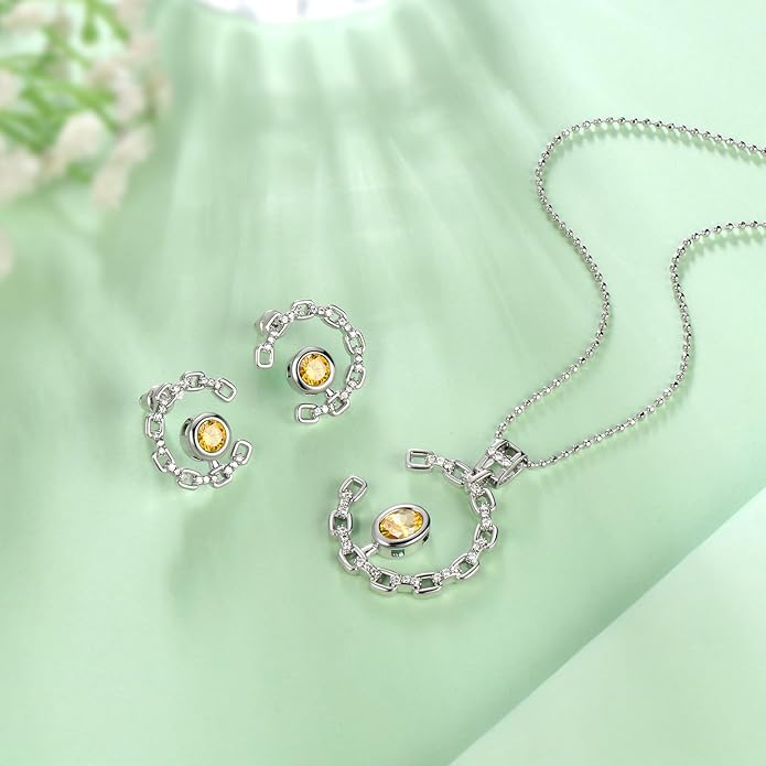 Ydou Elegant C-Shaped Crystal Necklaces/Stud Earrings Set with Birthstone Jewelry Set Silver Plated Fashion Jewelry for Women CS0003