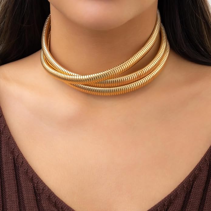 Chunky Gold Choker Necklace for Women, 14K Gold Plated Snake Chain Statement Necklace Triple Twsited Layered Choker Necklaces Jewelry Gifts