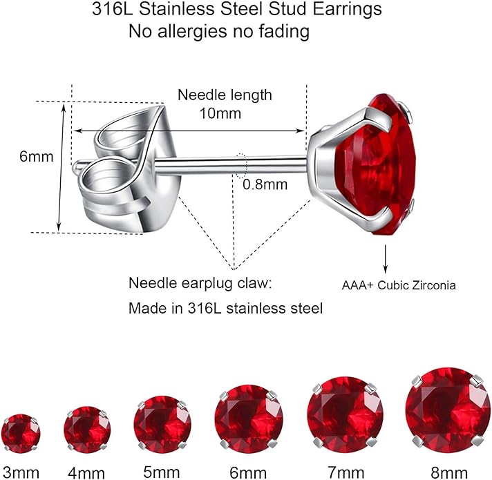 6 Pairs Stud Earrings Set, Hypoallergenic Cubic Zirconia Earrings 316L Stainless Steel CZ Earrings 3-8mm