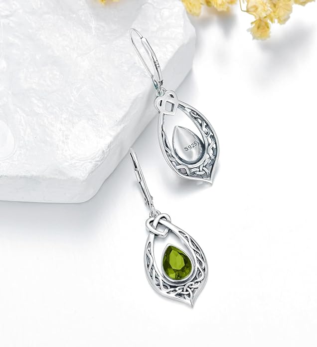 Celtic Knot Dangle Earrings 925 Sterling Silver Oxidized Vintage Drop Leverback Earrings with 8 * 6mm Simulated Birthstone Crystal Christmas Jewelry Gifts for Women (Gift Box)
