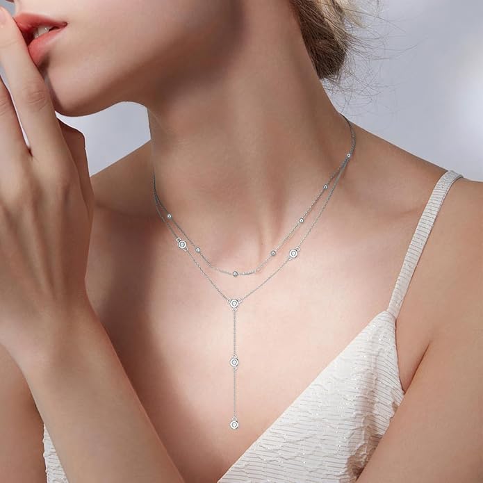Diamond Station Layered Lariat Necklace for Women 925 Sterling Silver Layering Y-Shaped Chain Necklace with Lab Grown Diamond Jewelry Gifts 0.3 CTTW D Color VVS Clarity, 14 inch + 16 inch Chain