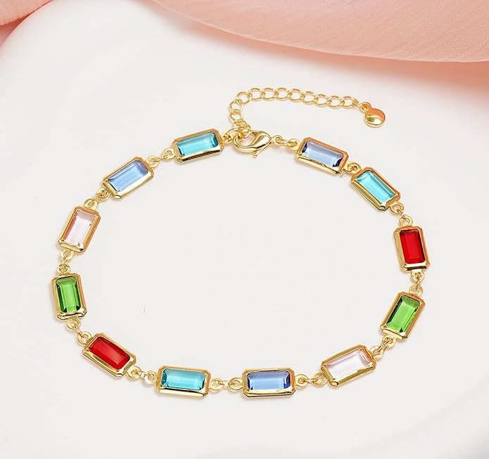 18K Gold Plated Anklet for Women Multicolor Crystal Ankle Bracelets Boho Adjustable Chain Anklets