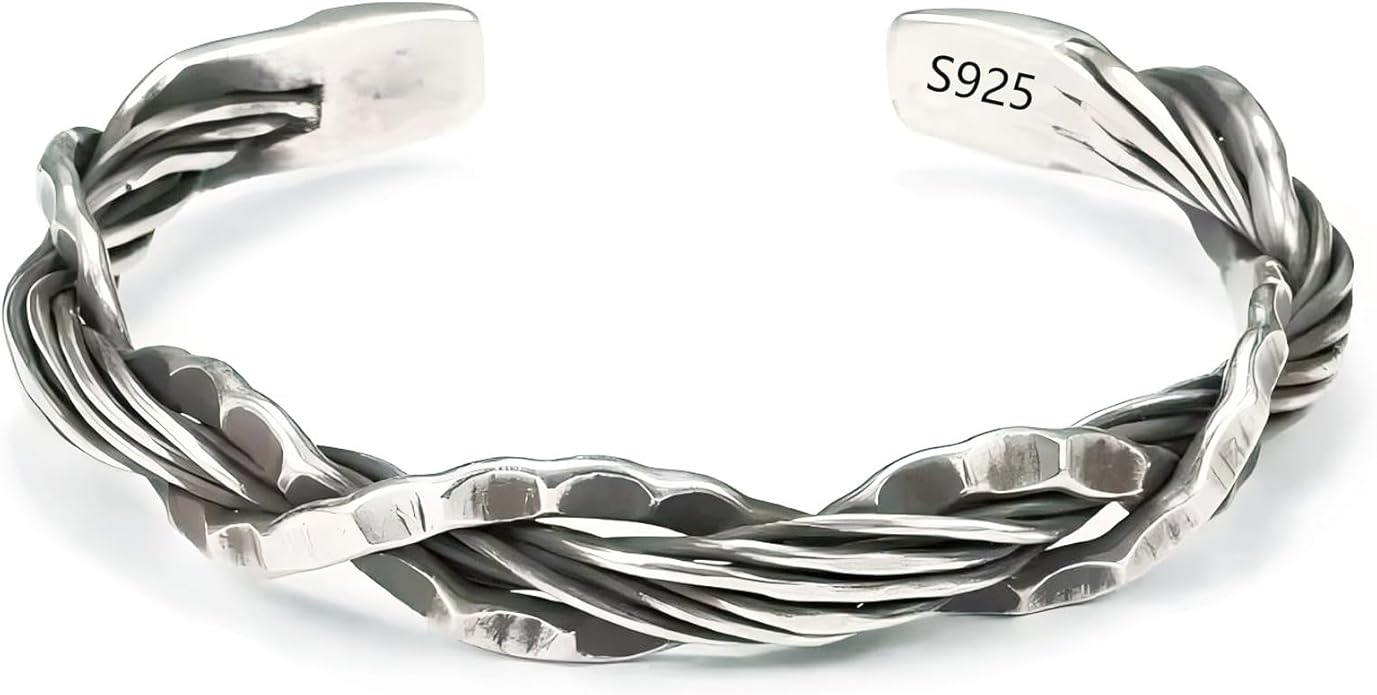 Kim Carrey S925 Sterling Silver Bracelet, Open Bangle Cuff Design, Men's Stacked Bracelets Gift Jewelry for My Man