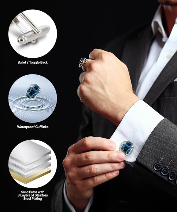 Rectangular Colored Diamond-Flanked Crystal Cuff Links – Tuxedo Suit Accessories, Cufflinks for Men