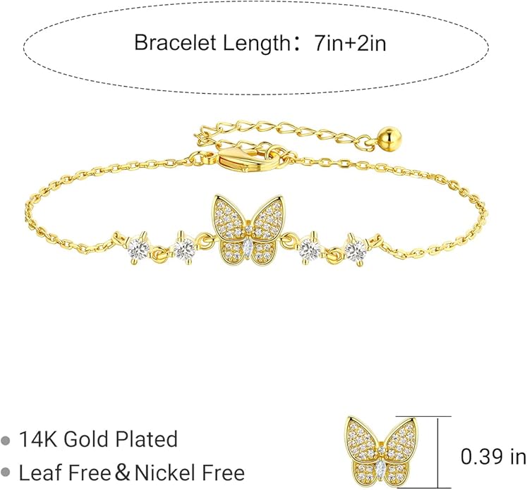 Cubic Zirconia Butterfly Bracelets for Women and Men | Gold Dainty Simple Hypoallergenic Adjustable Bracelet