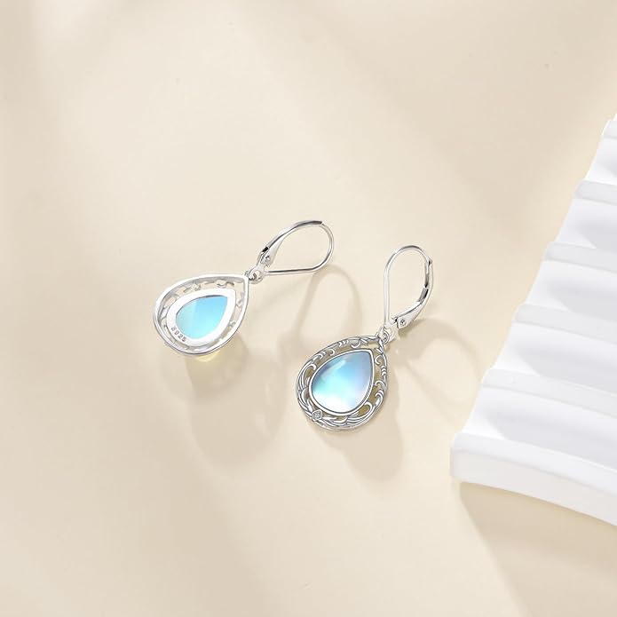 AOBOCO Butterfly/Dragonfly/Bee/Ladybug Leverback Earrings 925 Sterling Silver Rose Lotus Tulip Flower Filigree Dangle Earrings Teardrop Moonstone Larimar Turquoise Abalone Shell Jewelry Birthday Gifts for Women