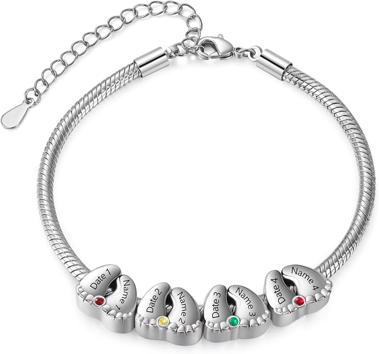 Jeweidea Personalized Foot Charm Birthstone Bracelet – Custom Engraved Bracelet with 1–5 Foot Charms, Name and Date Engraving, Meaningful Jewelry Gift for Mom Wife