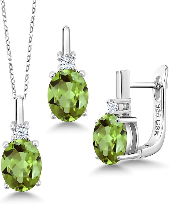 Gemstone Birthstone and White Created Sapphire Pendant and Earrings Jewelry Set for Women in 925 Sterling Silver | Oval 8X6MM and Round 2.5MM | With 18 Inch Chain | Fine Jewelry for Her Mom Women Wife