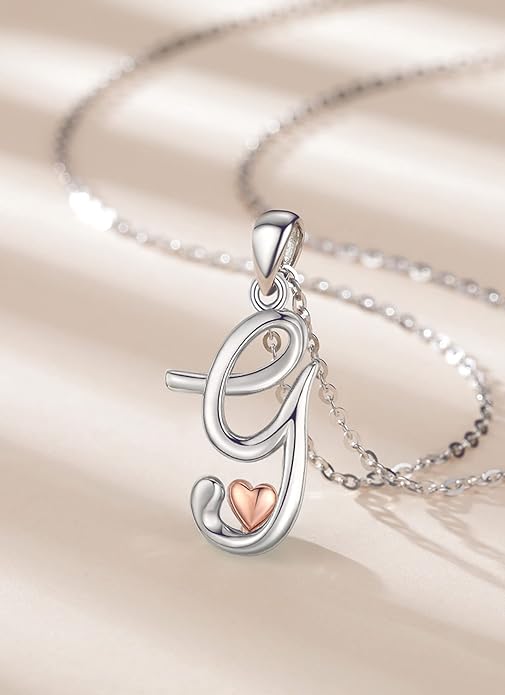 CELESTIA 925 Sterling Silver Initial Necklaces 26 Letter with Rose Gold Heart - 18 Inch Chain