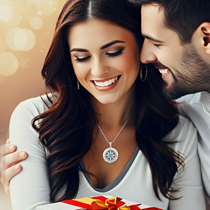 Compass Necklace for Women Wife Girlfriend Mom Daughter Gifts S925 Silver Jewelry For Anniversary Rose Gold Gifts For Birthday Christmas Mothers Valentines Day 12 Birthstones