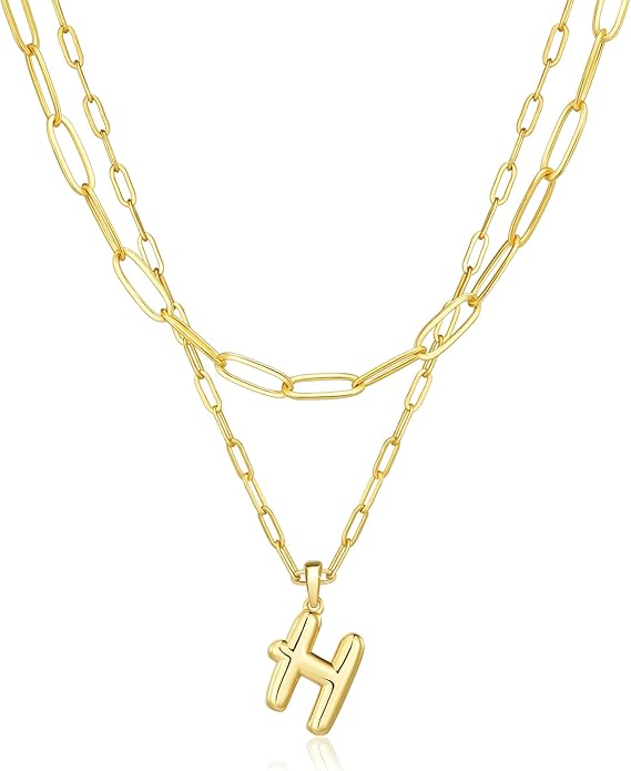 adoyi Gold Necklace for Women Layered Bubble Heart Letter Initial Necklaces for Women Trendy Jewelry 14K Gold Plated Chain Chunky Name Necklace Stack Charm A-Z Pendant Set Jewelry Gifts