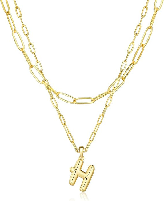 adoyi Gold Necklace for Women Layered Bubble Heart Letter Initial Necklaces for Women Trendy Jewelry 14K Gold Plated Chain Chunky Name Necklace Stack Charm A-Z Pendant Set Jewelry Gifts