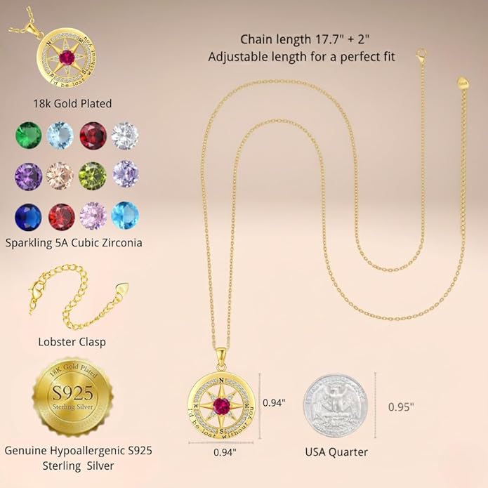 Compass Necklace for Women Wife Girlfriend Mom Daughter Gifts S925 Silver Jewelry For Anniversary Rose Gold Gifts For Birthday Christmas Mothers Valentines Day 12 Birthstones