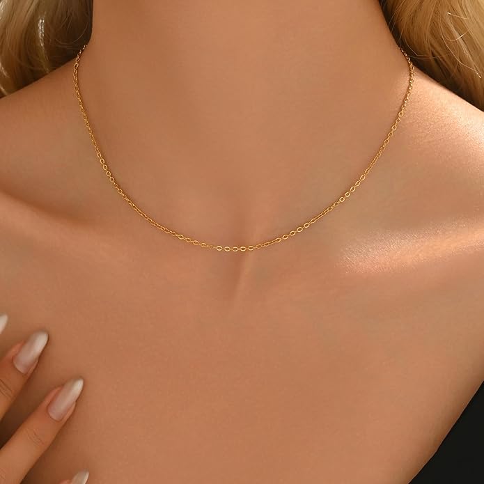 Dainty Chain Necklace for Women, 18K Gold Plated Coin Disc Choker Necklaces Simple Satellite Beaded Twisted Thin Paper Clip Chain Everyday Jewelry Gifts
