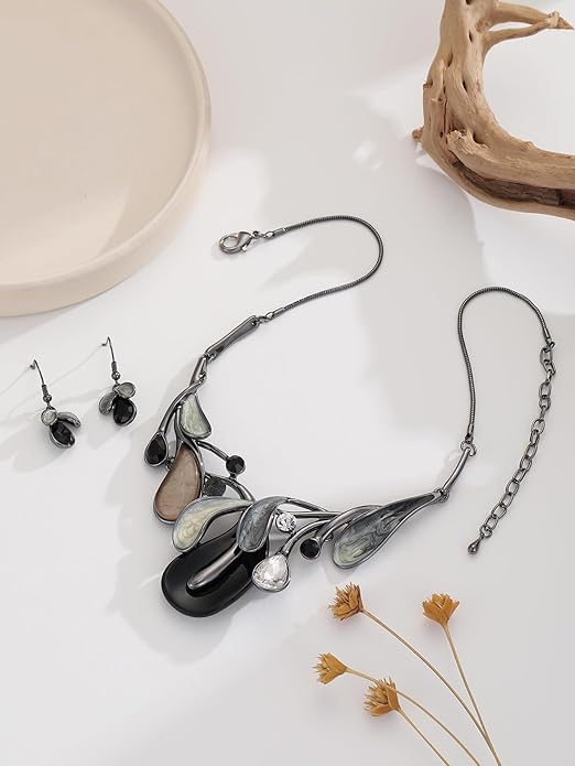 Chunky Statement Jewelry Set Vintage Retro Leaf Flower Floral Geometric Bohemian Boho Bib Necklace Earring Set Fashion Costume Jewelry for Women Girls Wedding Party Prom Unique Gift