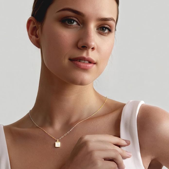 SUNFEEL Mother of Pearl Pendant Necklace 14K White/Yellow Gold Plated Sterling Silver Necklace for Women Dainty Jewelry Gifts for Mom Wife Girlfriend, Length 16+2 Inch