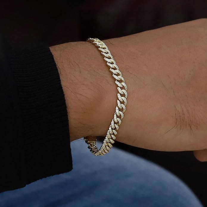 SAVEARTH DIAMONDS Round Lab Created Moissanite 6MM Width Cuban Chain Bracelet For Men In 14k Gold Plated 925 Sterling Silver (VVS1 Clarity, 2.70 Ct-3.00 Ct), Gift For Him
