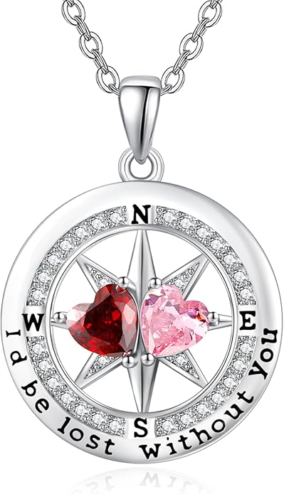 JIYVY32 Compass Birthstones Necklace for Women, Exquisite S925 Necklace Anniversary Birthday Gifts for Wife Her Double Birthstone Pendant jewelry ‘I'd be Lost Without You’