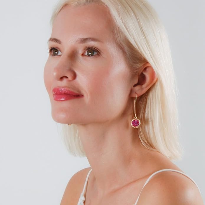 Simulated Druzy Threader Drop Earrings for Women - Gold, Silver, or Rose Gold Tone Trendy Boho Dangles with Sparkly Round Stone