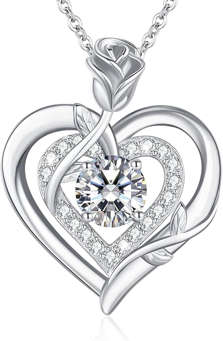 LAVUMO Moissanite Necklace for Women 925 Silver, 1 Carat Moissanite Diamond Double Heart Rose Pendant Christmas Valentines Day Anniversary Birthday Jewelry Gifts for Her Wife Girlfriend Mom