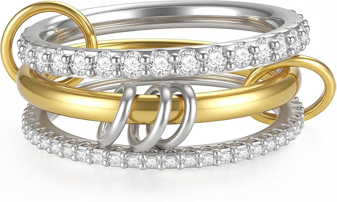 Emibele 14K Gold Plated Stackable Rings for Women, Interlocking Non Tarnish Gold Rings, Silver Dainty Cubic Zirconia Bands, Two-Toned Mixed Metal Stacking Band, Trendy Jewelry Gifts for Women