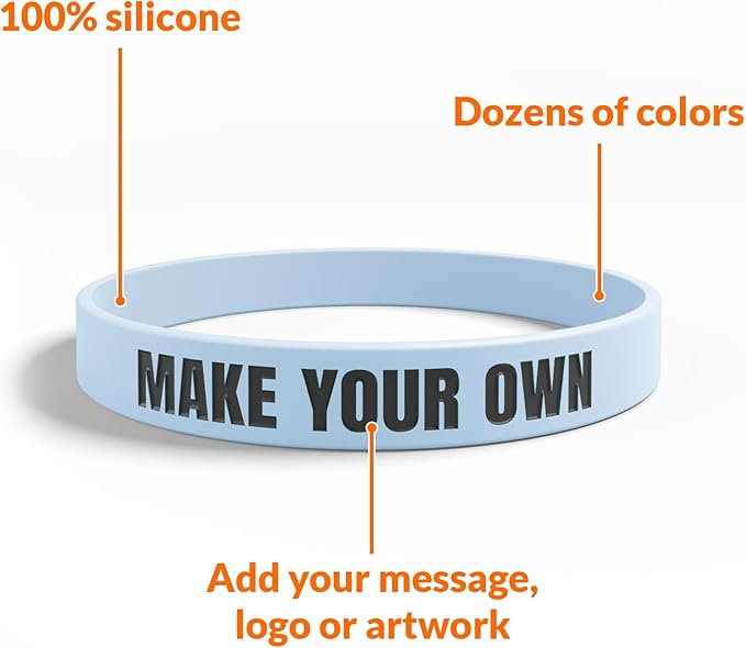 Custom Wristbands For Events, Fundraisers & Promotions | Add Text, Icons, & Logos | Bulk Rubber Bracelets | Classic 1/2” | 100% Silicone