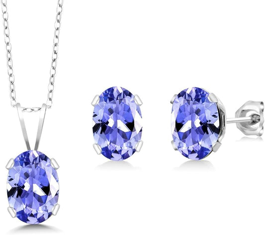 Gem Stone King 1.75 Cttw Tanzanite Pendant Necklace Earring Set For Women | 925 Sterling Silver | Oval 7X5MM and 6X4MM | Gemstone Birthstone | With 18 Inch Silver Chain