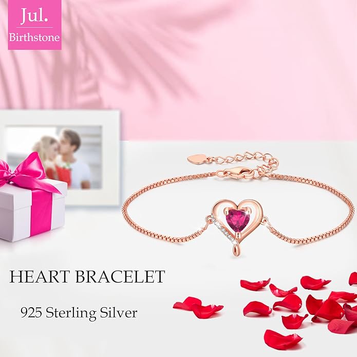LAVUMO Love Heart Bracelets for Women 925 Silver Charm Birthstone Bracelet Adjustable Anniversary Birthday Jewelry Gifts for Women Girlfriend Wife Daughter Mom Her