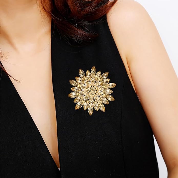 Rhinestone Large Flower Brooches Pins for Women Fashion Sparkly Crystal Sunflower Statement Brooch Unique Wedding Party Suit Dress Jewelry Accessories