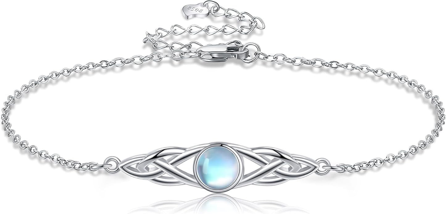 VONALA 925 Sterling Silver Celtic Anklet for Women Irish Moonstone Ankle Bracelet Moonstone Anklet Knot Viking Gemstone Jewelry