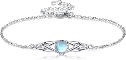 VONALA 925 Sterling Silver Celtic Anklet for Women Irish Moonstone Ankle Bracelet Moonstone Anklet Knot Viking Gemstone Jewelry